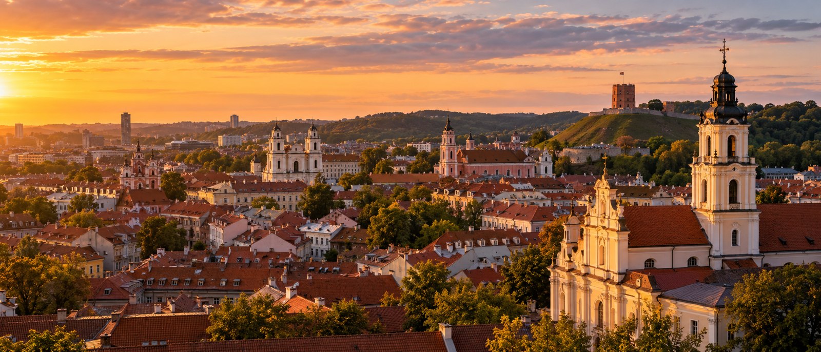 Vilniaus senamiestis saulėlydžio metu – originali AI sukurta iliustracinė nuotrauka
